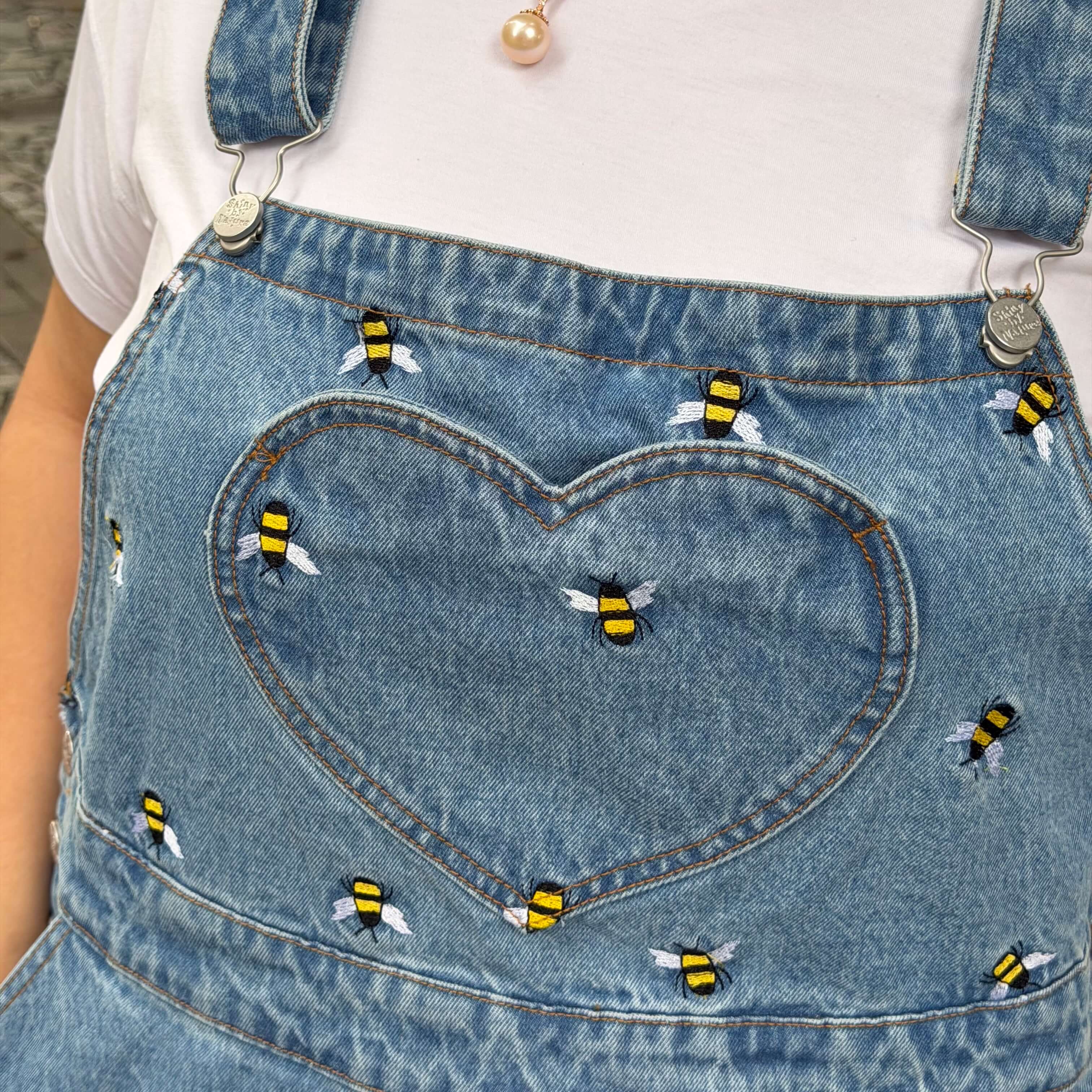 Denim Overall Dress - Light Wash with Bees *Clearance Sale*