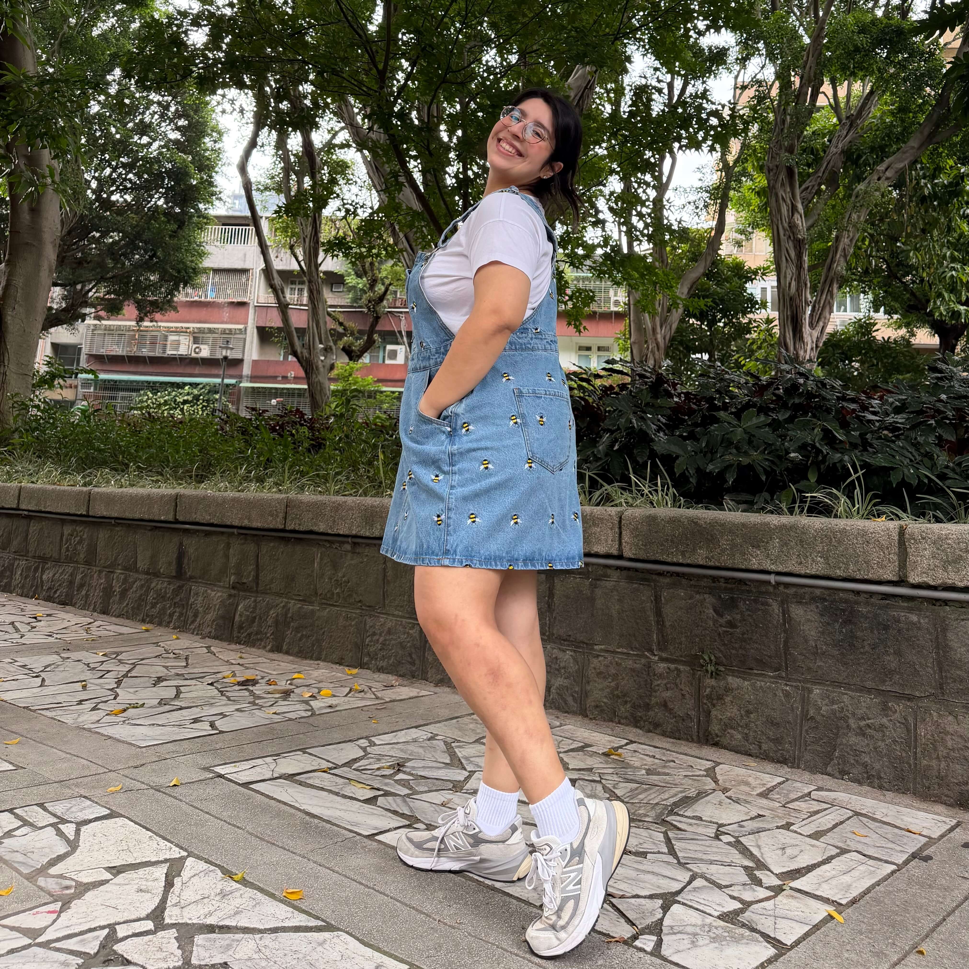 Denim Overall Dress - Light Wash with Bees *Clearance Sale*