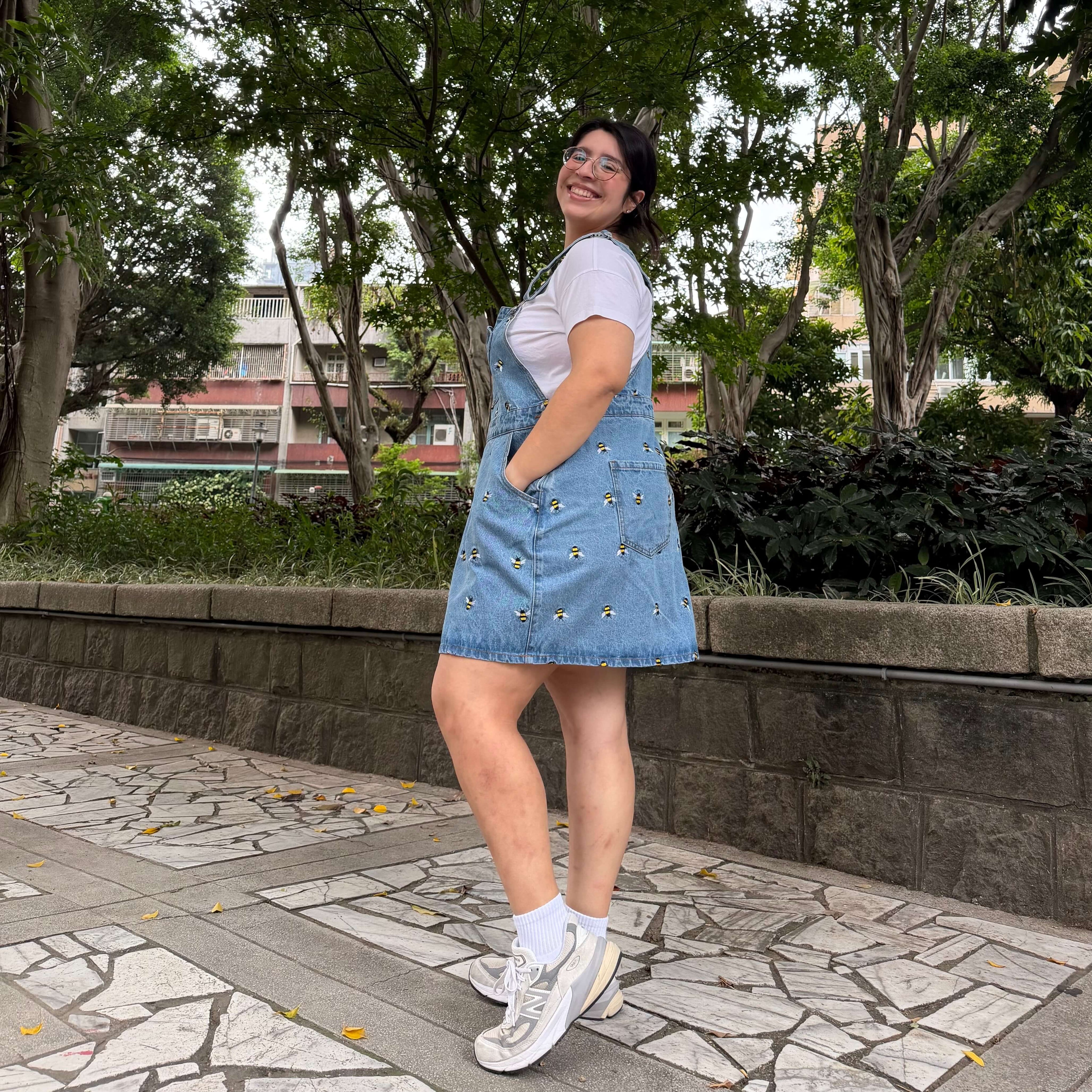 Denim Overall Dress - Light Wash with Bees *Clearance Sale*