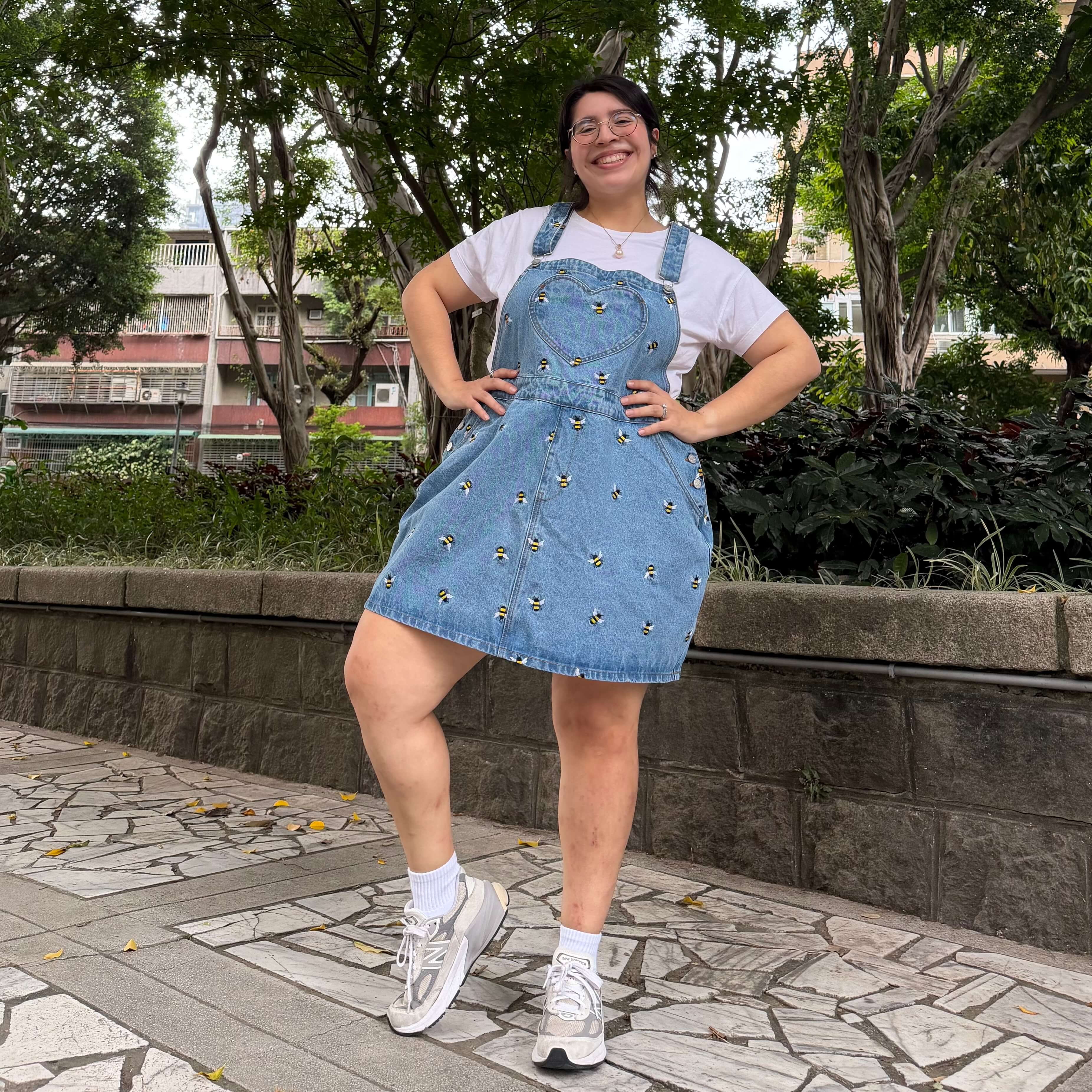 Denim Overall Dress - Light Wash with Bees *Clearance Sale*