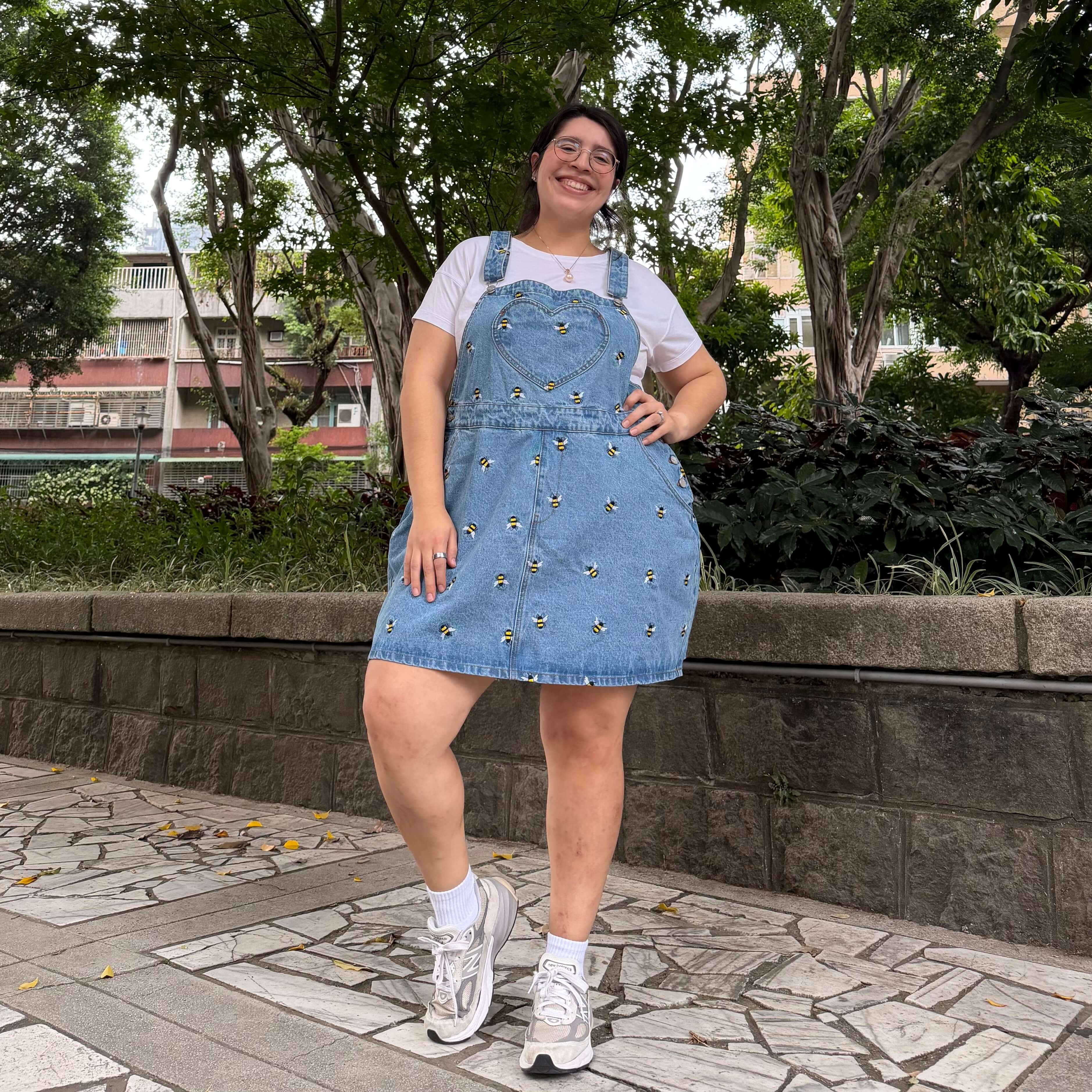 Denim Overall Dress - Light Wash with Bees *Clearance Sale*